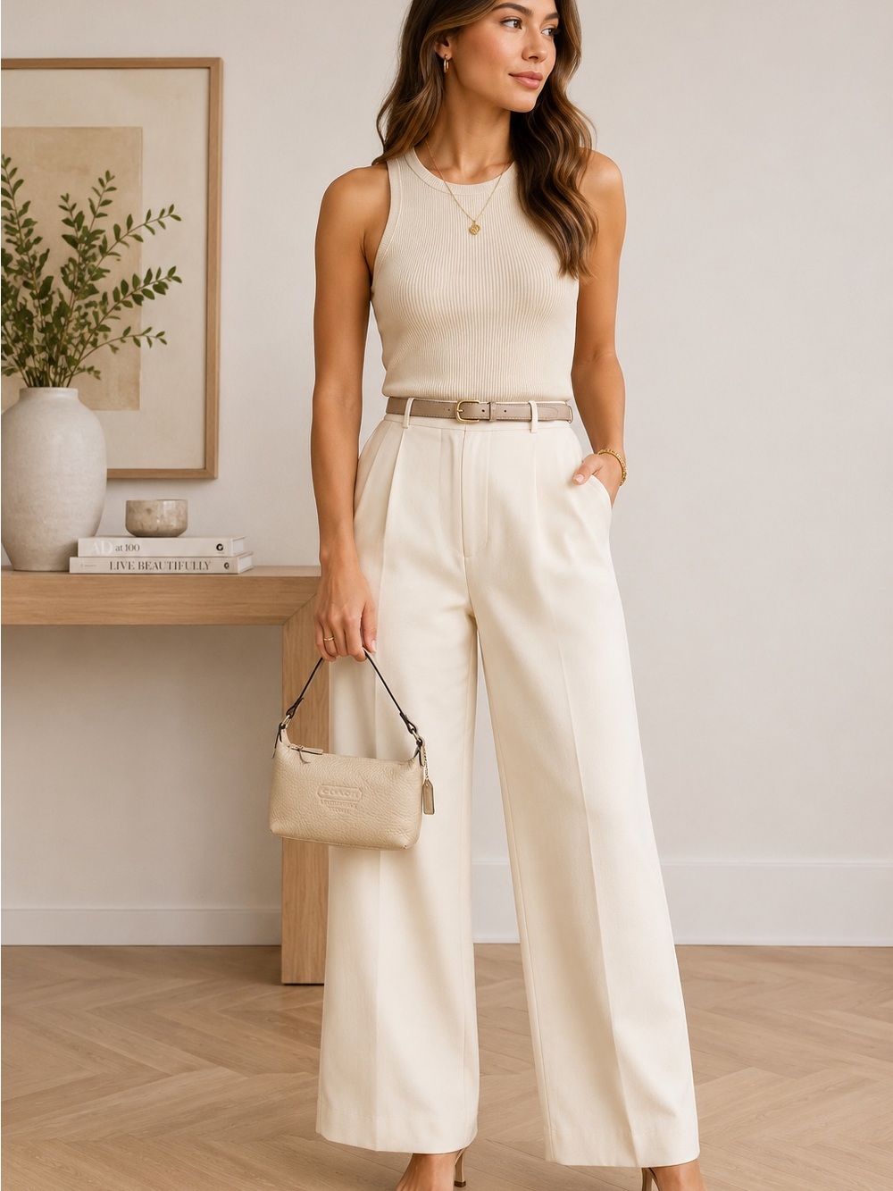 Coach Beige Grained Leather Pochette Bag